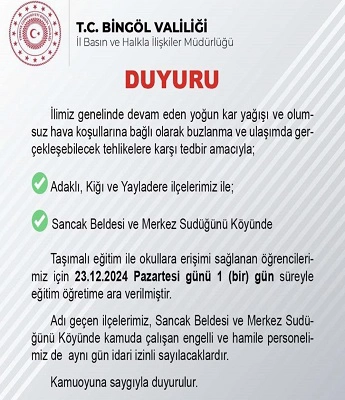 Bingöl’de etkili olan yoıun kar yağışı nedeniyle 3 köy, 1 belde ve 1 merkez köyünde taşımalı eğitime 1 gün ara verildi.