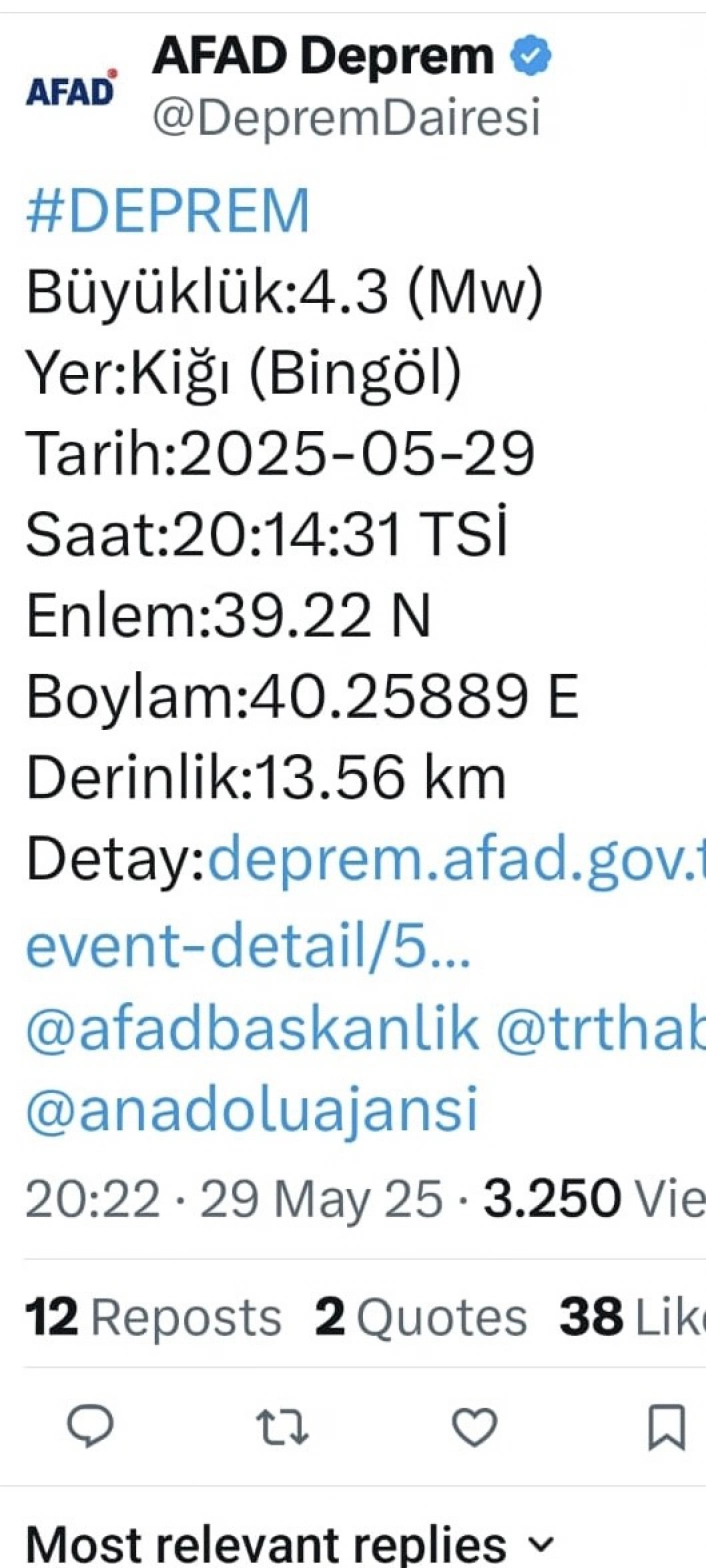 Bingöl'de 4,3 büyüklüğünde deprem