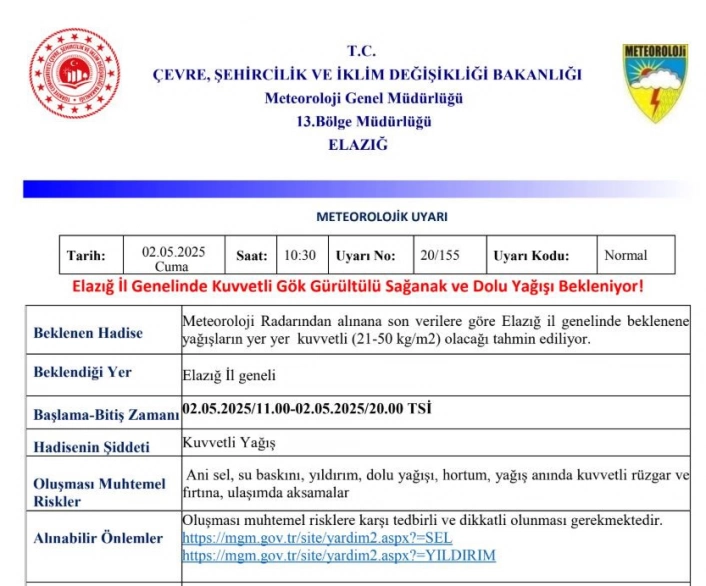 Meteorolojiden Elazığa 'kuvvetli yağış' uyarısı