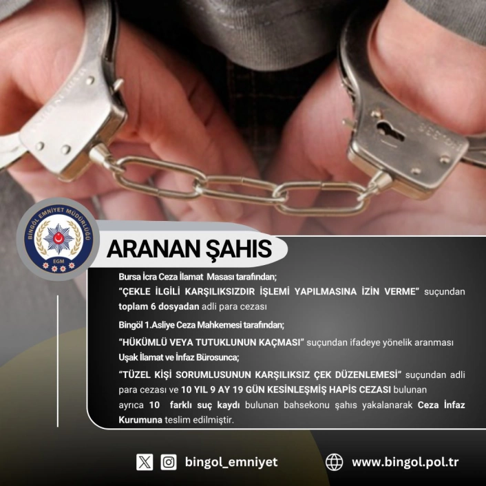 Bingöl'de 10 yıl kesinleşmiş hapis cezası bulunan şahıs yakalandı