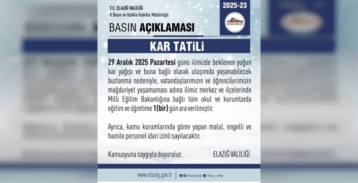 Elazığ’da eğitim-öğretime 1 gün ara verildi