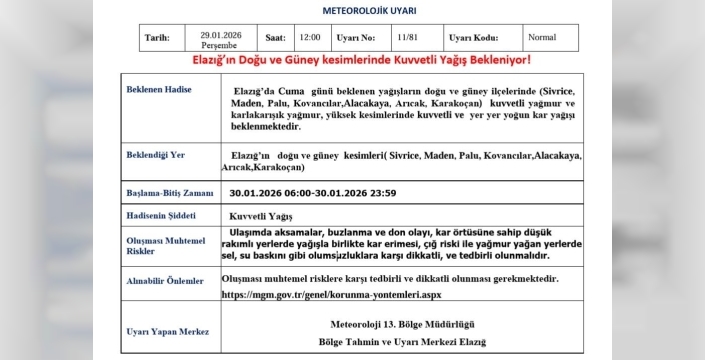 Elazığ için kuvvetli yağış uyarısı