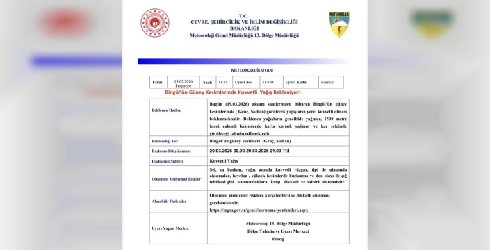 Meteorolojiden Bingöl için kuvvetli yağış uyarısı