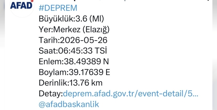 Elazığ’da 3.6 büyüklüğünde deprem