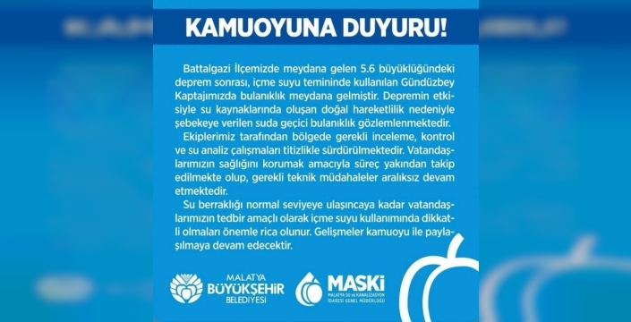 Malatya’da deprem sonrası içme suyunda bulanıklık oldu