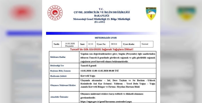 Tunceli için sağanak yağış uyarısı